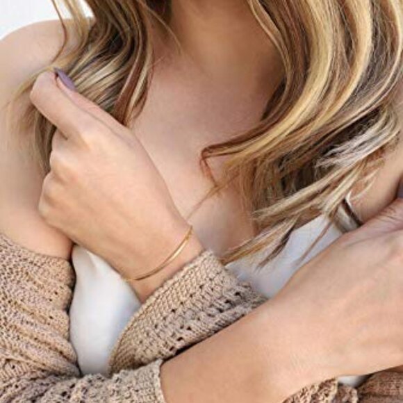 Dainty Gold Bar Bracelet Minimalist Elegant Cuff Bangle Hook 18K Plated - Picture 3 of 7
